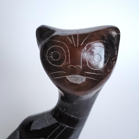 Black Clay Cat Figure, Vintage Mexican Pottery, Vtg Folk Art, Hand Etched Design - Picture 6 of 8